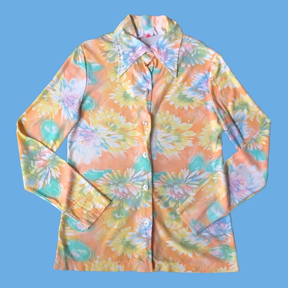 Vintage 70s Bright Flower Power Dagger Collar Shirt